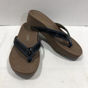 Vionic Womens Flip Flop Sandals High Tide Wedge Black Navy Patent Leather Sz 10